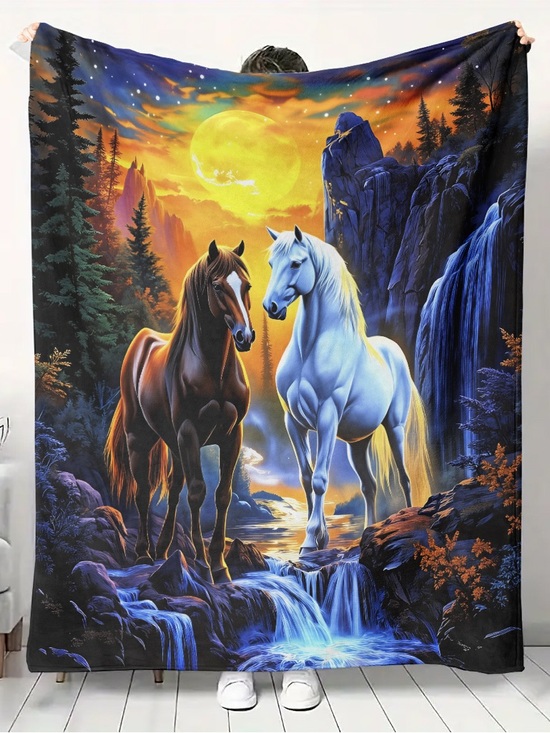 Other - Mystic Horse Scenic Throw Blanket - Blue & Brown Horses